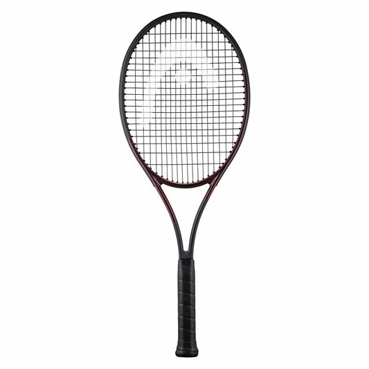 This stylish tennis racket, featuring a round head and crisscross string pattern, showcases the HEAD Prestige Pro 2023's dark red frame with a black grip handle. Incorporating Auxetic 2.0 technology, it makes a striking impression against the white background.