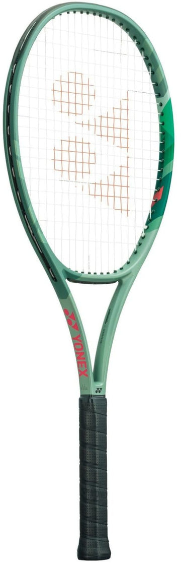 The Yonex Percept 100D Tennis Racket (Frame Only) in olive green features a sleek black grip and is adorned with a red logo on the strings. Designed to enhance power and control, the "Yonex" brand name is prominently displayed along the side of this precision-crafted racquet.