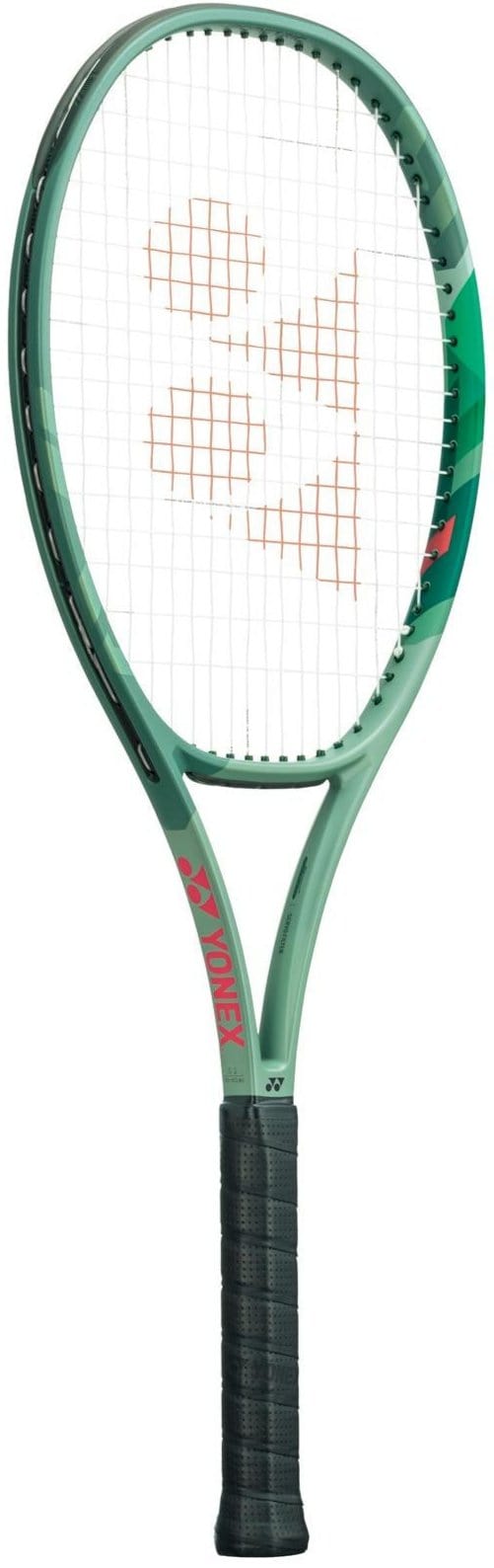The Yonex Percept 100 Tennis Racket (Frame Only) in Olive Green is designed for intermediate players, featuring a stylish green and black look with a black grip. It showcases the signature Y logo on the strings, complemented by red accents and the Yonex brand name enhancing its contemporary frame.