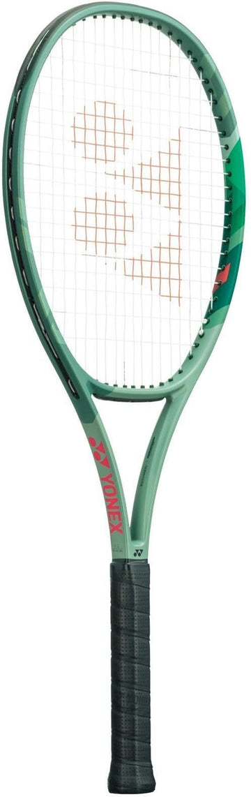 The Yonex Percept 97D Tennis Racket (Frame Only) in Olive Green is designed for control, featuring a green frame with black grip and red accents. Its strings form an abstract pattern, making it ideal for advanced players seeking precision on the court.