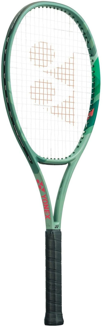 The Yonex Percept Game Tennis Racket in olive green features a sleek design and comfortable grip, making it perfect for beginner players. The strings and handle prominently display the Yonex logo, set against a plain white background.