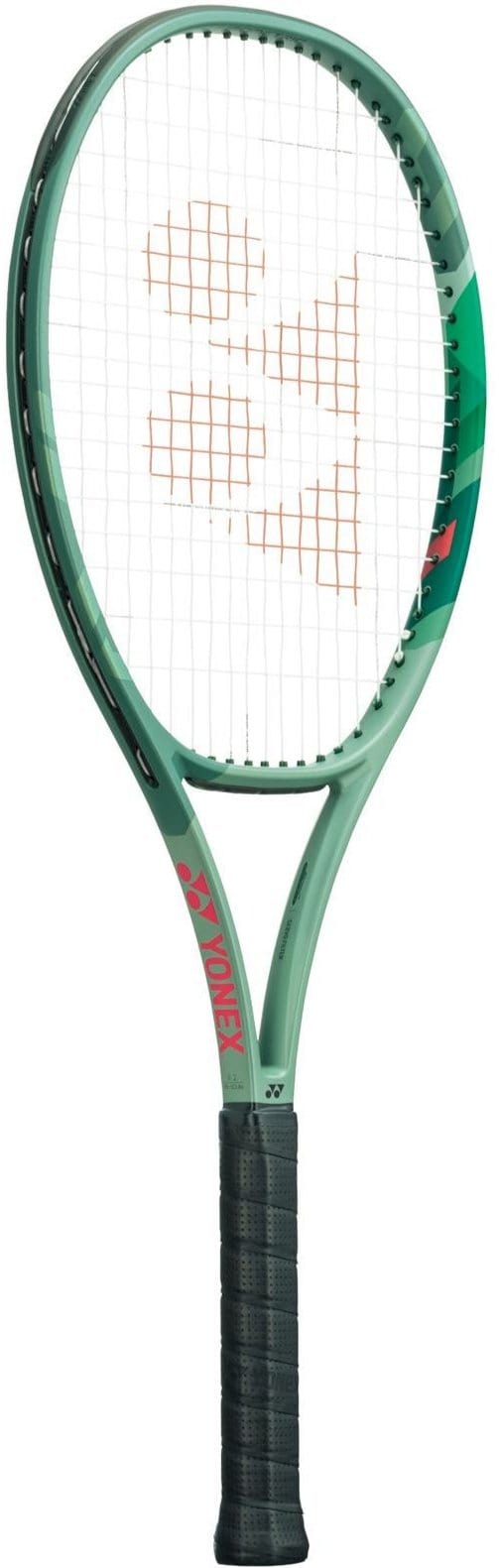 The Yonex Percept Game Tennis Racket in olive green features a sleek design and comfortable grip, making it perfect for beginner players. The strings and handle prominently display the Yonex logo, set against a plain white background.