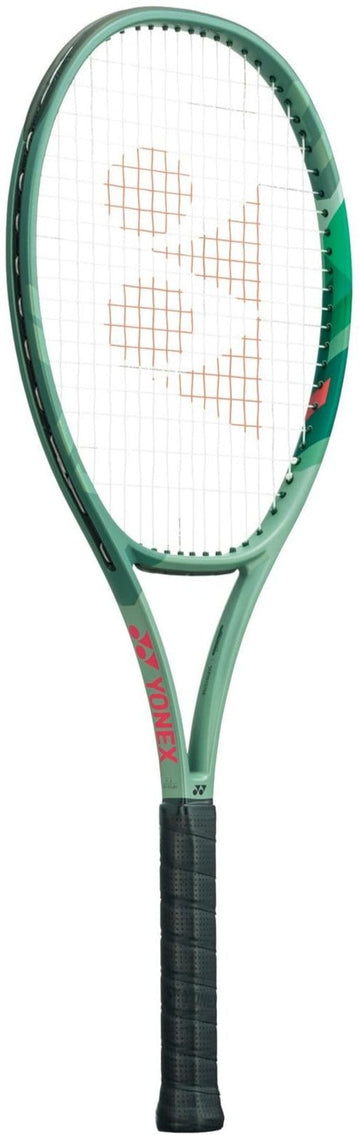 The Yonex Percept 97H Tennis Racket (Frame Only) in olive green, by Yonex, showcases a black grip and features a logo on the strings. Tailored for aggressive players, it boasts red and orange accents on the frame. Positioned vertically against a plain white background, the racket's sleek design is prominently highlighted.