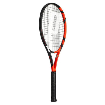 The Prince Beast Power 300g Tennis Racket by Prince features a black and red design, black grip, white strings, and a bold "P" logo on the strings—ideal for players seeking powerful performance.
