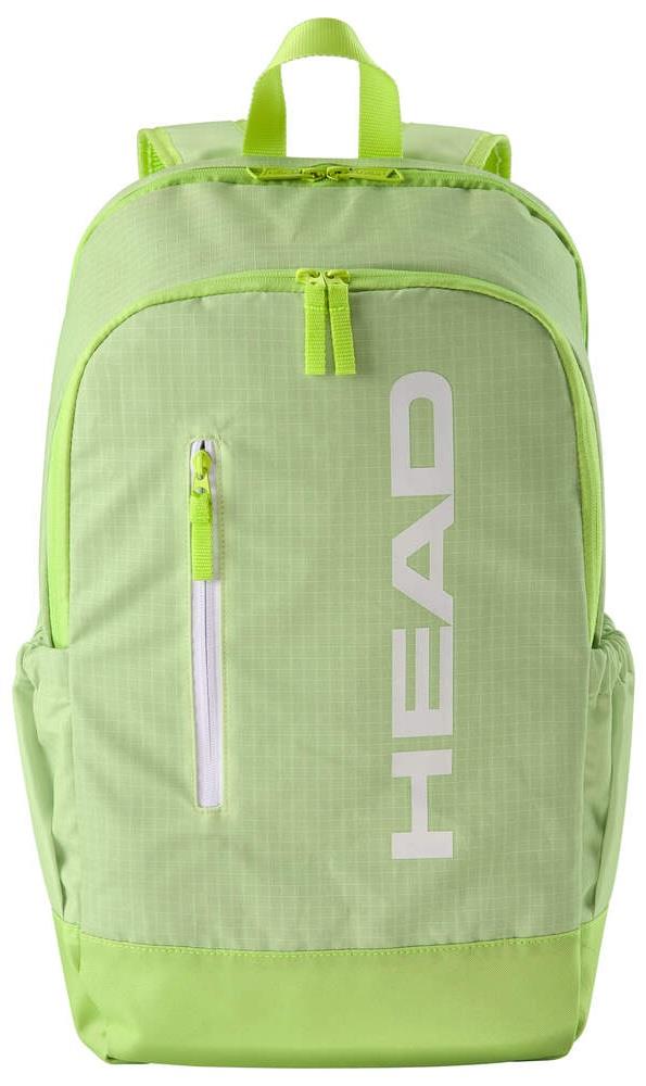 The HEAD BASE Tennis Backpack 17L - SG in lime green has "HEAD" in large white letters on the front pocket. It includes a racket compartment, a front zippered pocket, two side pockets, and adjustable shoulder straps for comfort.