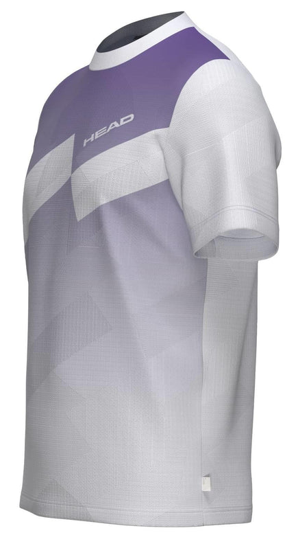 The HEAD Pro Men's Tennis T-Shirt - PUXP is a short-sleeve, breathable performance top with a white-to-purple gradient, geometric pattern, crew neck, and the HEAD logo on the chest. Shown on a white background.