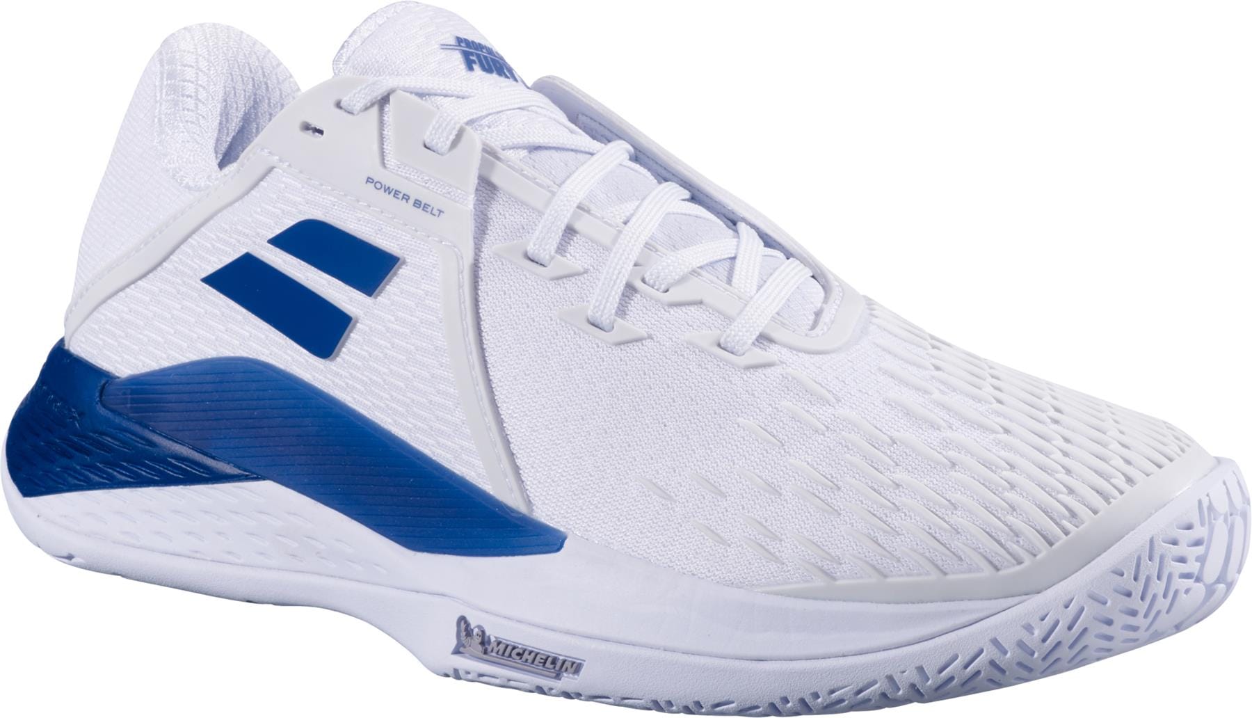 The Babolat Propulse Fury 3 All Court Men's Tennis Shoes in White/Dark Blue feature a mesh upper, cushioned sole, blue logo accents, and a textured outsole for excellent traction and quick court movement.