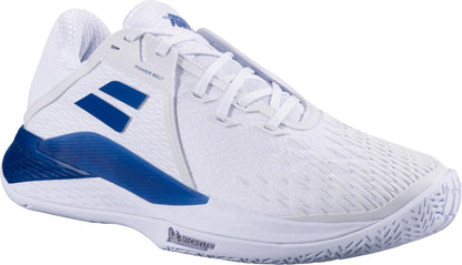 The Babolat Propulse Fury 3 All Court Men's Tennis Shoes in White/Dark Blue feature a mesh upper, cushioned sole, blue logo accents, and a textured outsole for excellent traction and quick court movement.