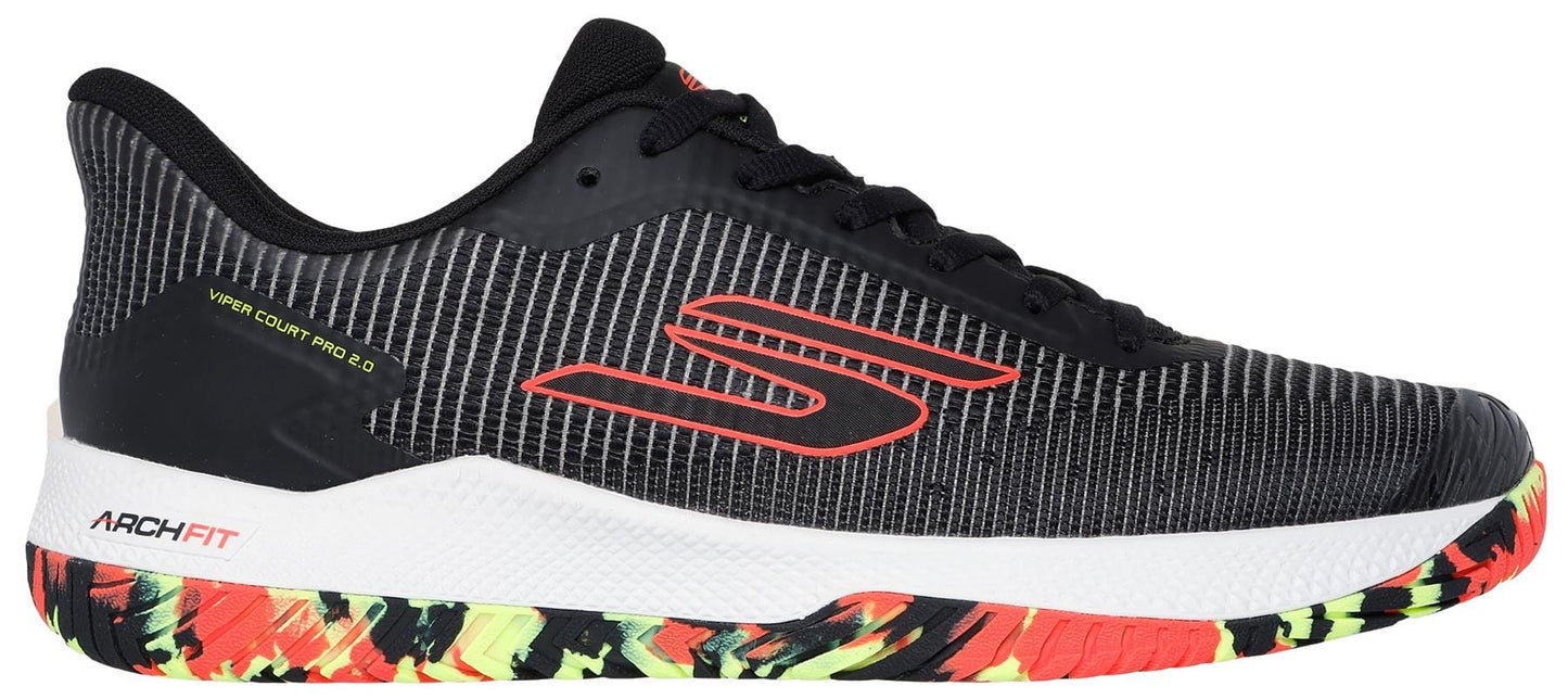 The Skechers Viper Court Pro 2.0 Tennis Shoes feature a black mesh upper with red and yellow accents, white sole, colorful patterned outsole, Arch Fit support, and "Skechers Viper Court Pro 2.0" printed near the red logo.