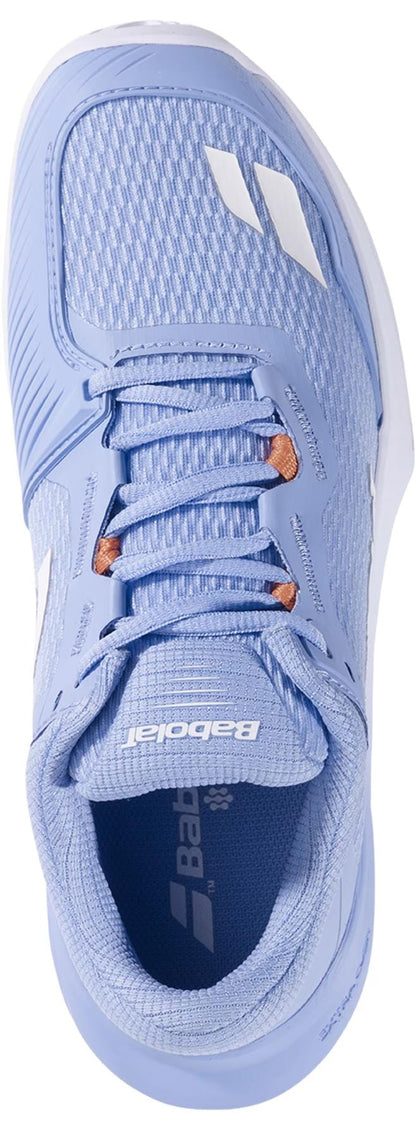Top view of the Babolat SFX 4 All Court Women's Tennis Shoes in Forever Blue, featuring a mesh upper, matching blue laces, white accents, and “Babolat” branding on the tongue and insole for exceptional comfort.