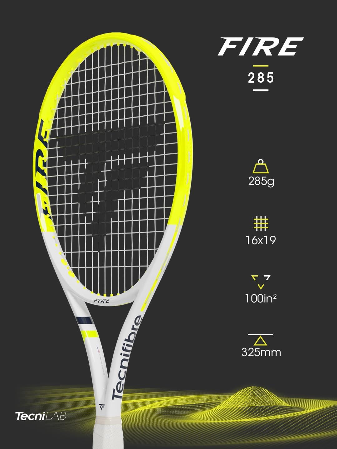 The Tecnifibre Fire 285 Tennis Racket stands upright on a black background, featuring X-Damp vibration dampening, 285g weight, a 16x19 string pattern, 100in² head size, and a 325mm balance.