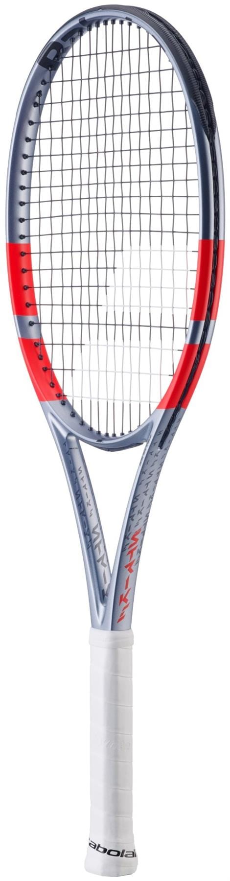 The Babolat Pure Strike Lite Gen4 Tennis Racket in Carbon Grey features a white grip and red side accents, displayed standing upright against a plain white background.