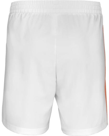 Back view of Babolat Play Men's Tennis Shorts in white, featuring an elastic waistband and a vertical orange stripe on the right, made from recycled polyester.