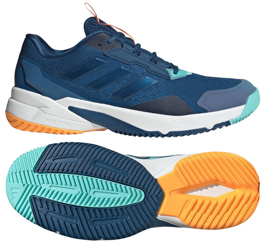The ADIDAS Crazyflight 6 Men's Indoor Tennis Shoes in navy feature teal and orange accents, with a textured sole combining teal, navy, and bright orange sections designed for superior indoor court grip.