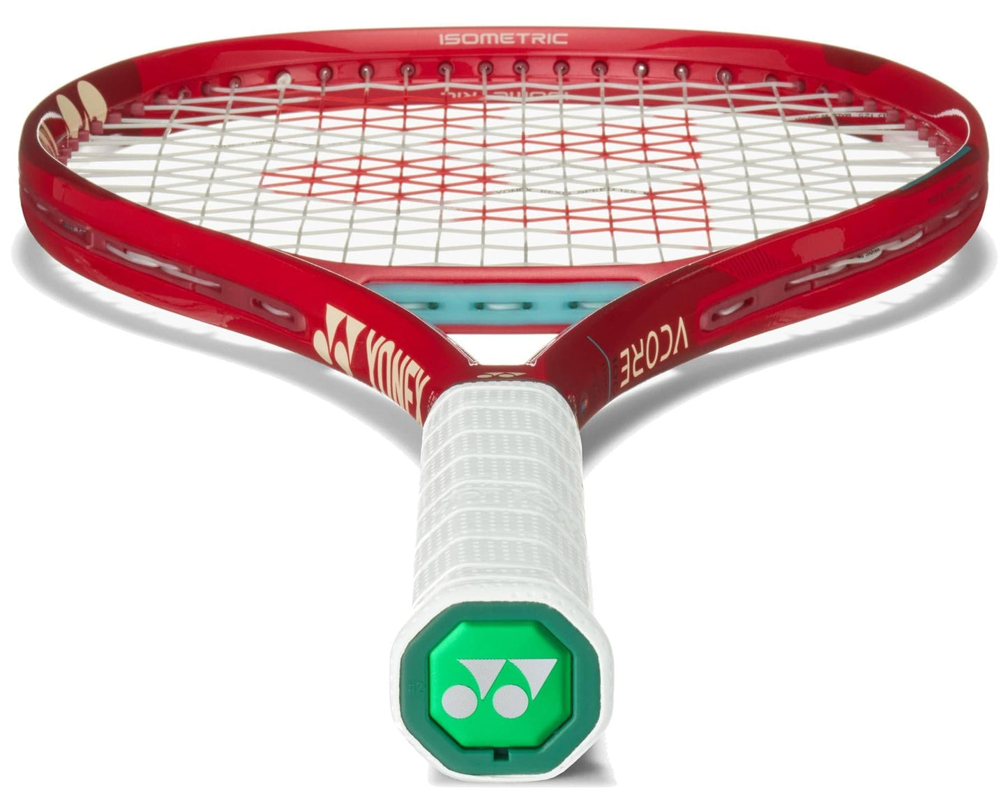 A close-up of the Yonex VCORE 100 Ruby Red 2026 Tennis Racket shows its white grip, green Yonex logo on the handle end, and tightly strung strings designed for maximum spin.