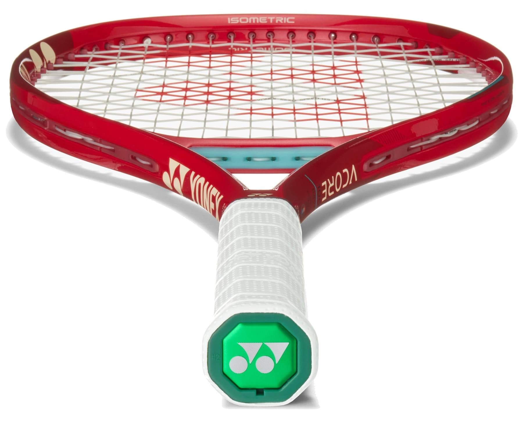 A close-up of the Yonex VCORE 100 Ruby Red 2026 Tennis Racket shows its white grip, green Yonex logo on the handle end, and tightly strung strings designed for maximum spin.
