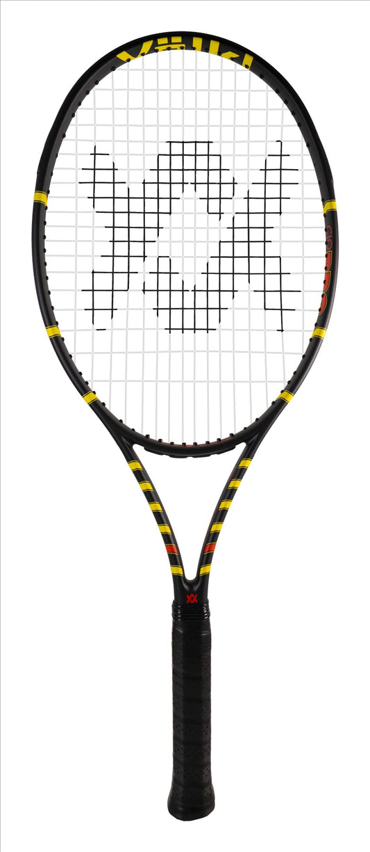 The Volkl C10 Pro 2022 Tennis Racket, designed for advanced players, features a sleek black frame with yellow accents. Its dynamic string pattern is enhanced by Precise Power Technology, and the handle is wrapped in a black grip tape. The brand logo is prominently displayed on the strings.