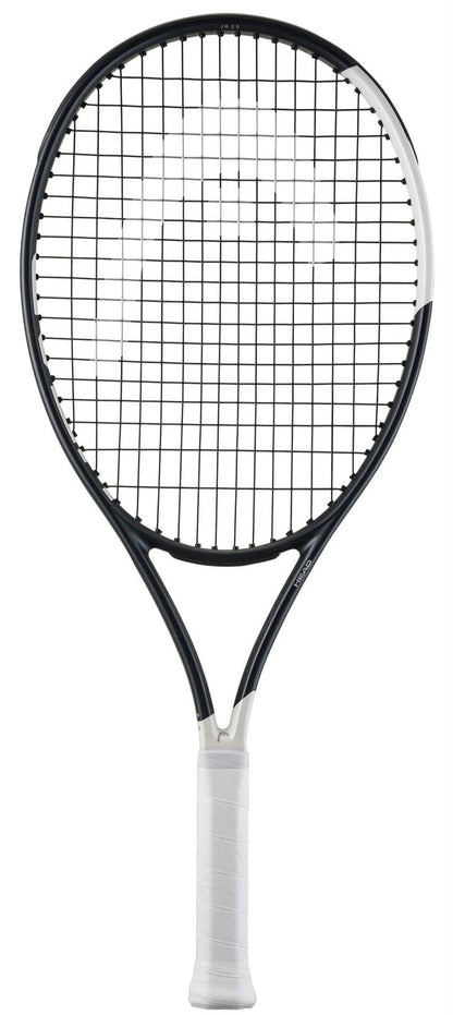 A black and white HEAD Speed Junior 25 2026 Tennis Racket with a white grip, displayed vertically against a plain white background.