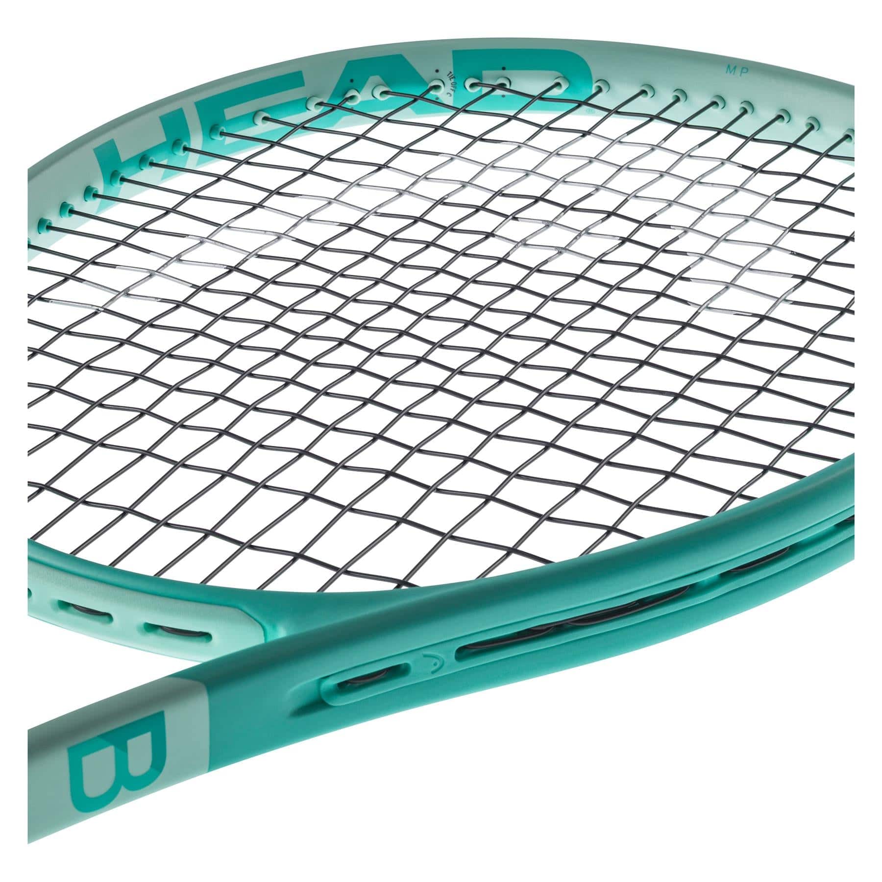 A close-up of a mint-colored HEAD Boom MP 2024 Alternate Tennis Racket highlights the strings and part of the frame. The "HEAD" brand name is prominently displayed on the side, emphasizing its Graphene Inside technology for improved performance. With an innovative design featuring contrasting white text, it incorporates Auxetic 2.0 technology for modern sophistication.