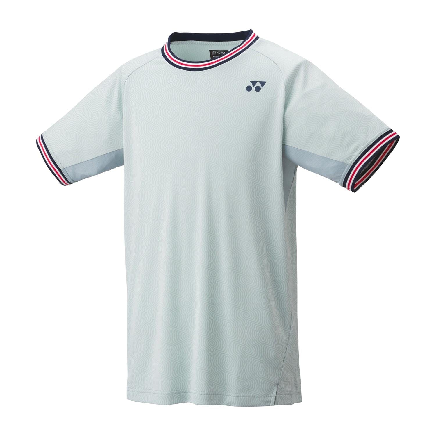 The Yonex 10578 Crew Neck Men's Tennis T-Shirt in Crystal Blue features a short-sleeved design and incorporates VeryCool technology for enhanced comfort. This shirt is adorned with a small logo on the chest and detailed striped accents in red, white, and blue around the collar and sleeve cuffs, complemented by subtle horizontal patterns throughout the fabric.