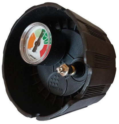 A close-up of the Bullpadel Pascal Tennis Ball Pressuriser - 3 Ball Tube cap shows a circular pressure gauge with red, yellow, and green zones mounted on a threaded metal valve.