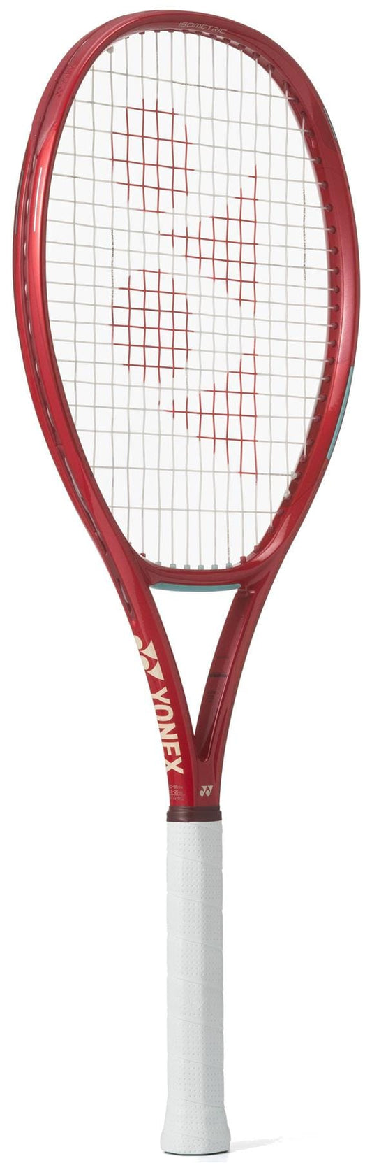 The Yonex 08 VCORE 100L 2026 Tennis Racket in Ruby Red features a white grip, white strings with a red square pattern, and prominent Yonex branding on the side. It is designed for excellent spin and control.
