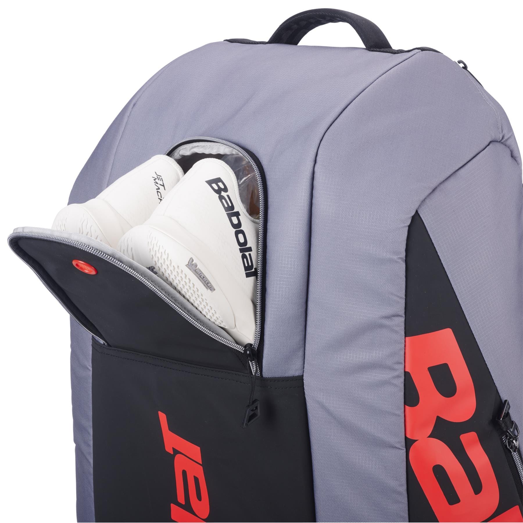 A carbon grey Babolat RH9 Pure Strike 9 Racket Tennis Racket Bag, shown partially unzipped to reveal white Babolat shoes, displays the Babolat logo on both the bag and the shoes.
