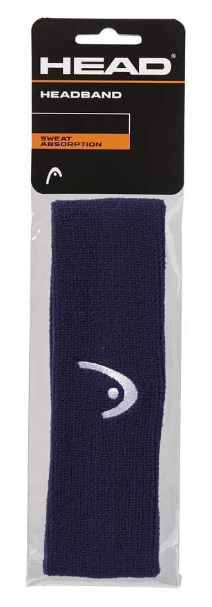 The HEAD Tennis Headband - Navy by HEAD is shown vertically in clear packaging with a black and orange header. It features a white logo and is labeled for sweat absorption.