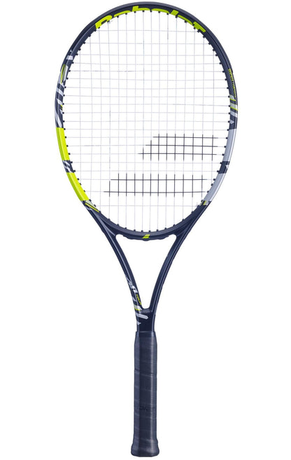 The Babolat Pulsion Tour Tennis Racket - Black by Babolat showcases a black and yellow frame, white strings, and a black grip, specifically designed to provide power through its combination of angled and curved lines.