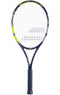 The Babolat Pulsion Tour Tennis Racket - Black by Babolat showcases a black and yellow frame, white strings, and a black grip, specifically designed to provide power through its combination of angled and curved lines.