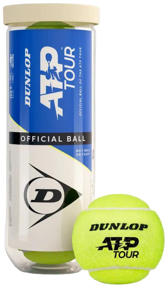 A Dunlop ATP Tour Tennis Balls 3 Ball Tube with blue and white branding stands upright next to a vibrant yellow ball, designed for elite play and trusted by ATP Tour professionals.
