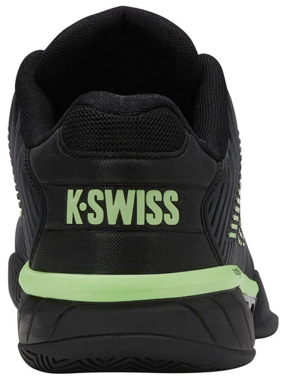 Rear view of the K-Swiss Hypercourt Express 2 Men’s Tennis Shoe in black with soft neon green and neon lava accents, featuring the K-Swiss logo on the heel—ideal for those seeking comfortable, stylish tennis footwear.