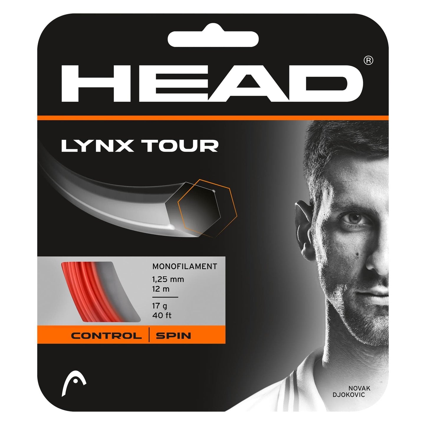 The packaging for the HEAD Lynx Tour Tennis String Set - Orange by HEAD features an image of a person on the right. These co-polyester monofilament strings are 1.25 mm thick, 12 m long, and weigh 17 g, crafted for superior control and spin.