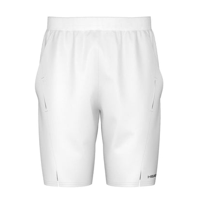 White HEAD Performance Mens Tennis Shorts with moisture-wicking fabric, side pockets, and a small logo on the lower left leg.