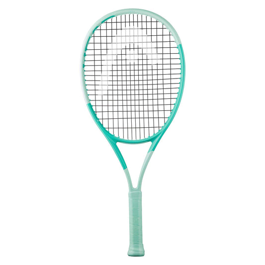 Presenting the HEAD Boom Junior 25 2024 Alternate Tennis Racket in Mint, showcasing a turquoise frame, white grip, and black strings. Its streamlined design is enhanced with Graphene to boost performance, ideal for contemporary gameplay.