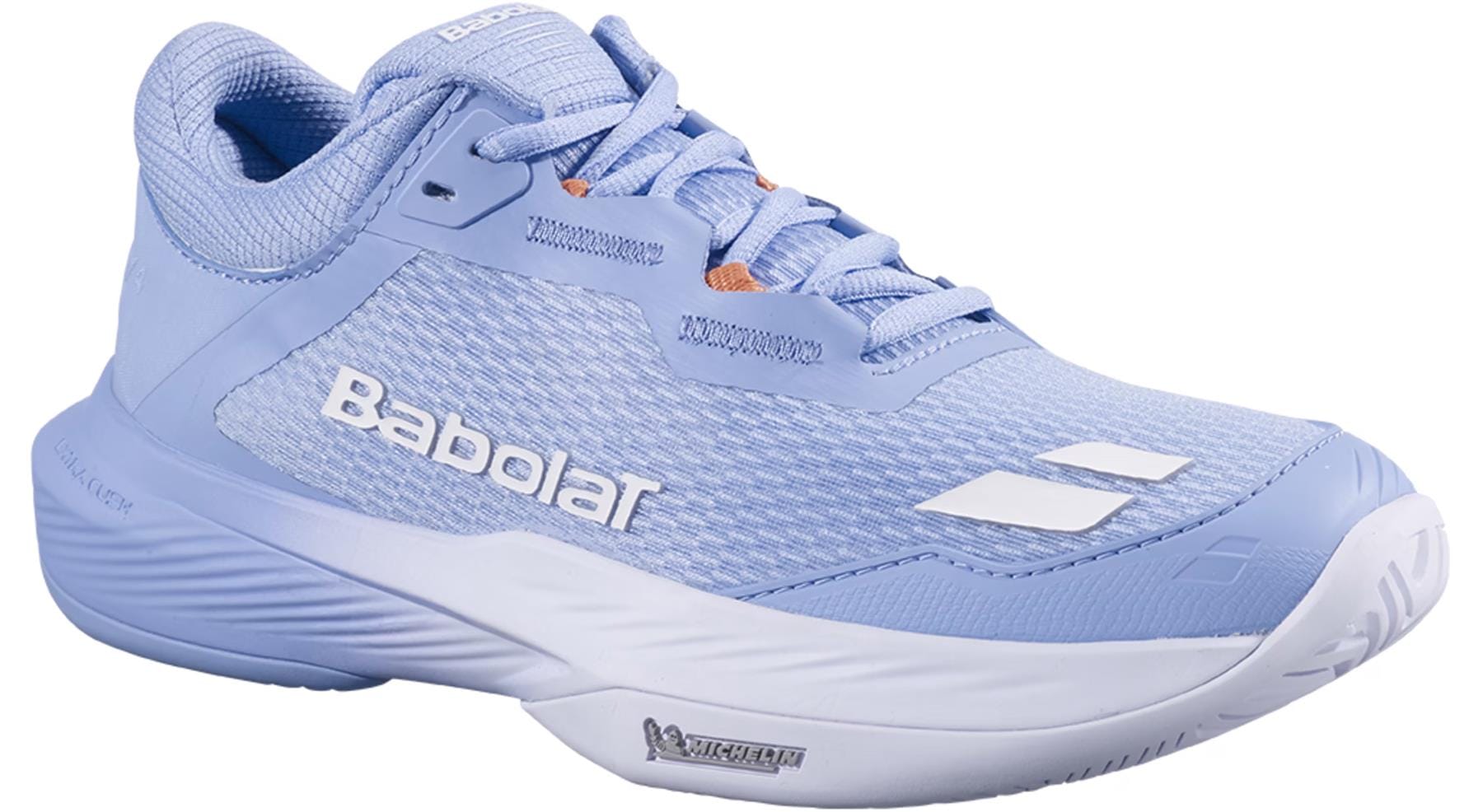 The Babolat SFX 4 All Court Women’s Tennis Shoes in Forever Blue feature white accents, a breathable mesh upper, laces, and a durable Michelin rubber sole designed for performance on all court surfaces.