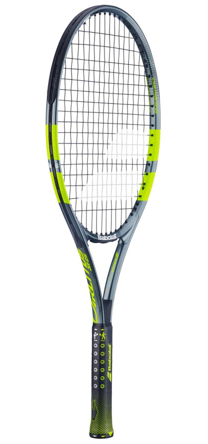 The Babolat Carlitos Junior 25 Tennis Racket features a black and neon yellow design with a black grip and white strings—perfect for beginner juniors seeking both style and performance.