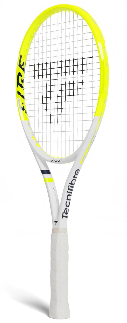 The Tecnifibre Fire 305 S V1 Tennis Racket features a yellow and white design, black strings with the Tecnifibre logo, branded frame and handle, plus advanced vibration dampening for superior comfort.