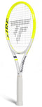 The Tecnifibre Fire 305 S V1 Tennis Racket features a yellow and white design, black strings with the Tecnifibre logo, branded frame and handle, plus advanced vibration dampening for superior comfort.