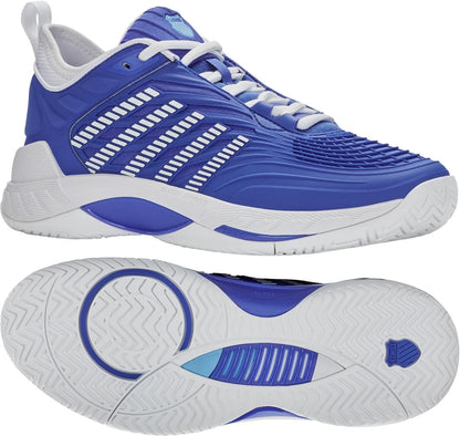 A pair of K-Swiss Hypercourt Supreme 2 Men's Tennis Shoes in Dazzling Blue, White, and Baltic Sea feature white stripe details and textured soles. One shoe is shown from the side; the other displays its lightweight tread pattern.