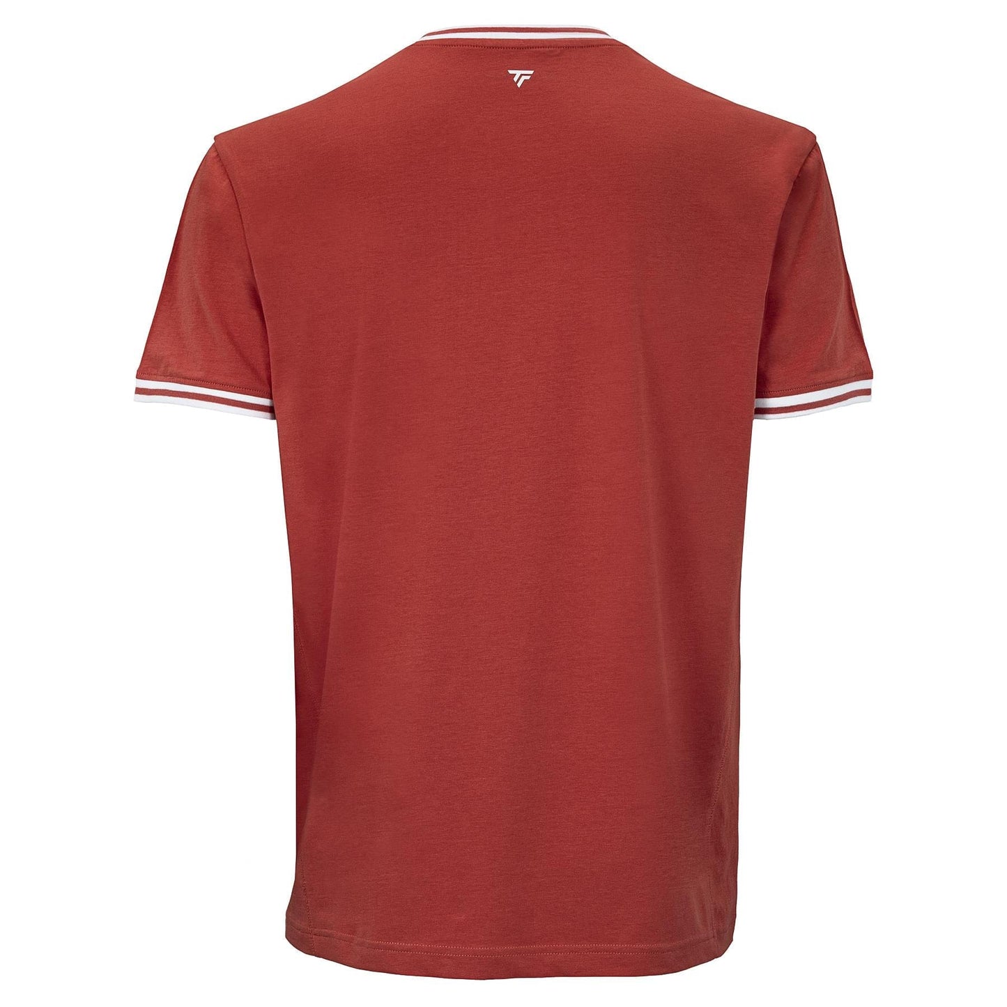 The Tecnifibre Team Stretch Men's Tennis T-Shirt in terracotta is shown from the back, with white and red striped sleeve cuffs and a small white Tecnifibre logo below the collar.