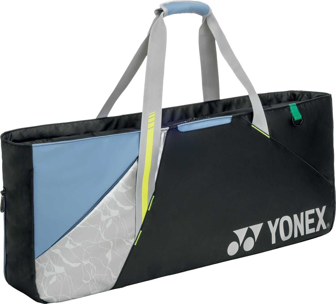 The Yonex BA52531EX Club Tournament Tennis Bag in Black/Blue by Yonex features a modern geometric design, two gray shoulder straps, and a padded handle.