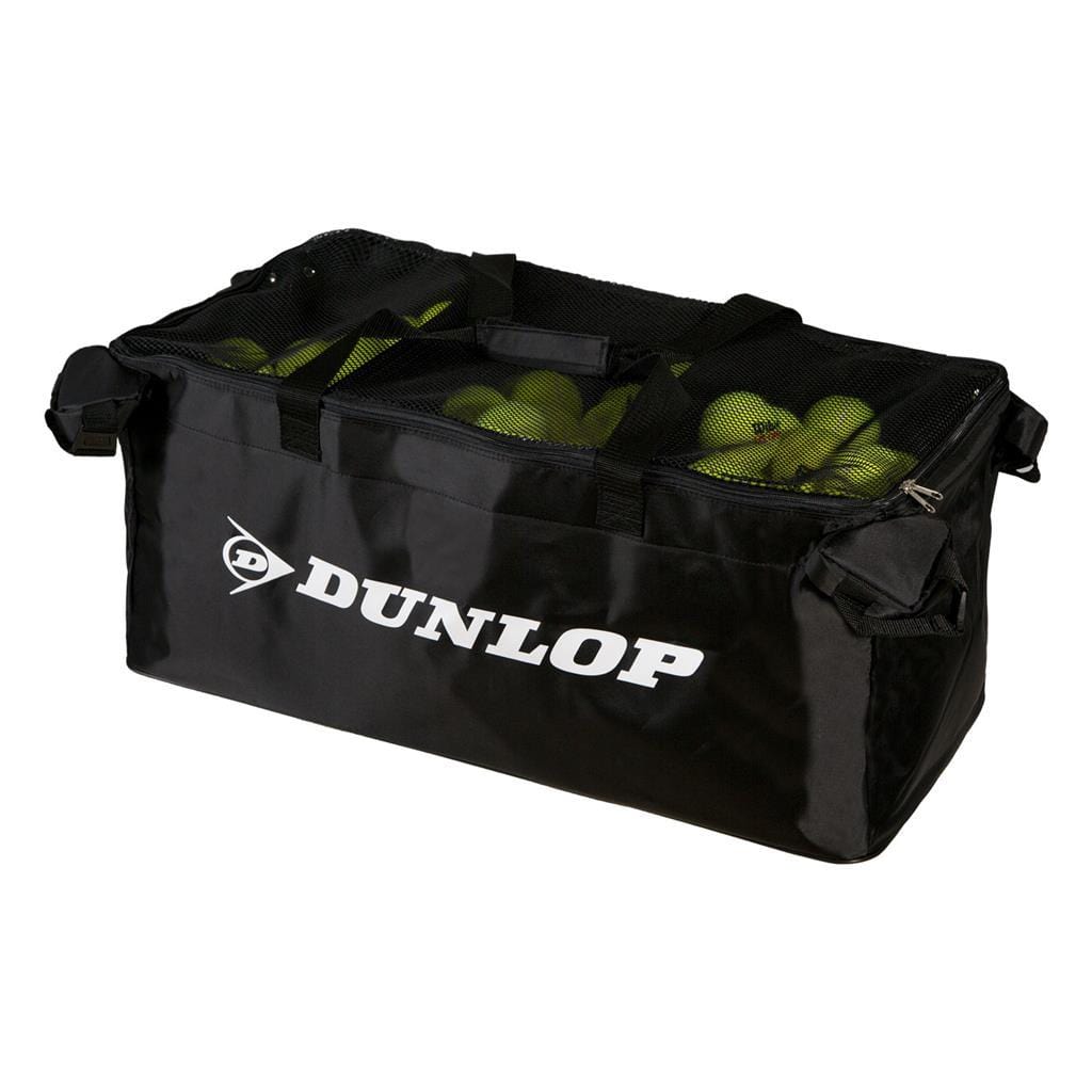 The Dunlop Foldable Teaching 250 Tennis Ball Cart Bag in black, ideal for coaching sessions, is filled with multiple tennis balls. It features a mesh top and sturdy handles for easy carrying.