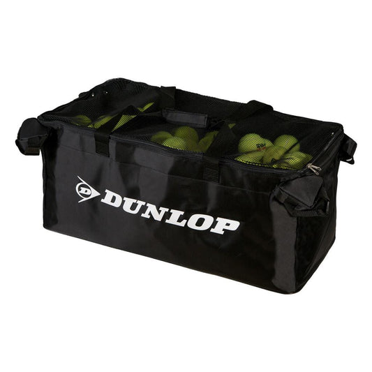 The Dunlop Foldable Teaching 250 Tennis Ball Cart Bag in black, ideal for coaching sessions, is filled with multiple tennis balls. It features a mesh top and sturdy handles for easy carrying.