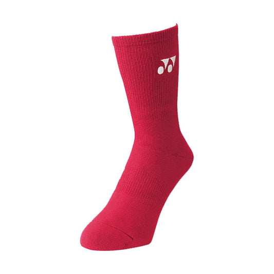 A single Yonex 19120EX 3D ERGO Crew Tennis Sock in Flash Red is showcased against a plain white background. Featuring a ribbed texture and adorned with a small white shuttlecock logo near the top, this sock is designed for an ergonomic fit and superior cushioning.