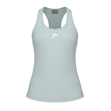 Discover the HEAD Spirit Women's Tennis Tank Top in Infinity Blue, crafted from moisture transfer microfiber with a sleeveless racerback design. It sports a distinctive small white logo on the chest and features a subtle round yellow emblem near the bottom left hem, making it an ideal choice for active sportswear enthusiasts.