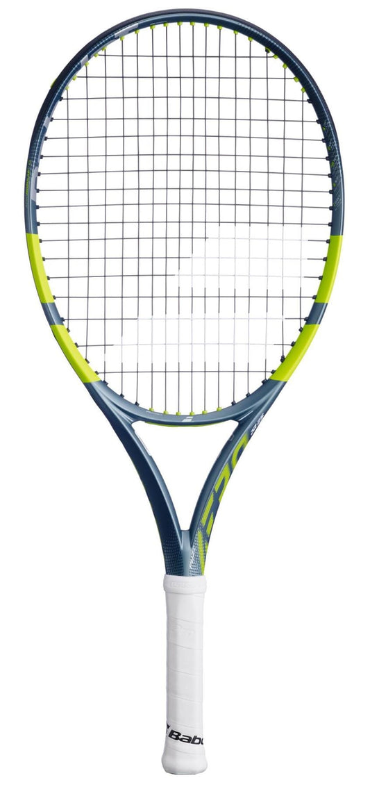 The Babolat Pure Aero Junior 25 Tennis Racket 2026 by Babolat, in blue and yellow with a white grip and black strings, stands upright against a plain white background.