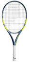 The Babolat Pure Aero Junior 25 Tennis Racket 2026 by Babolat, in blue and yellow with a white grip and black strings, stands upright against a plain white background.