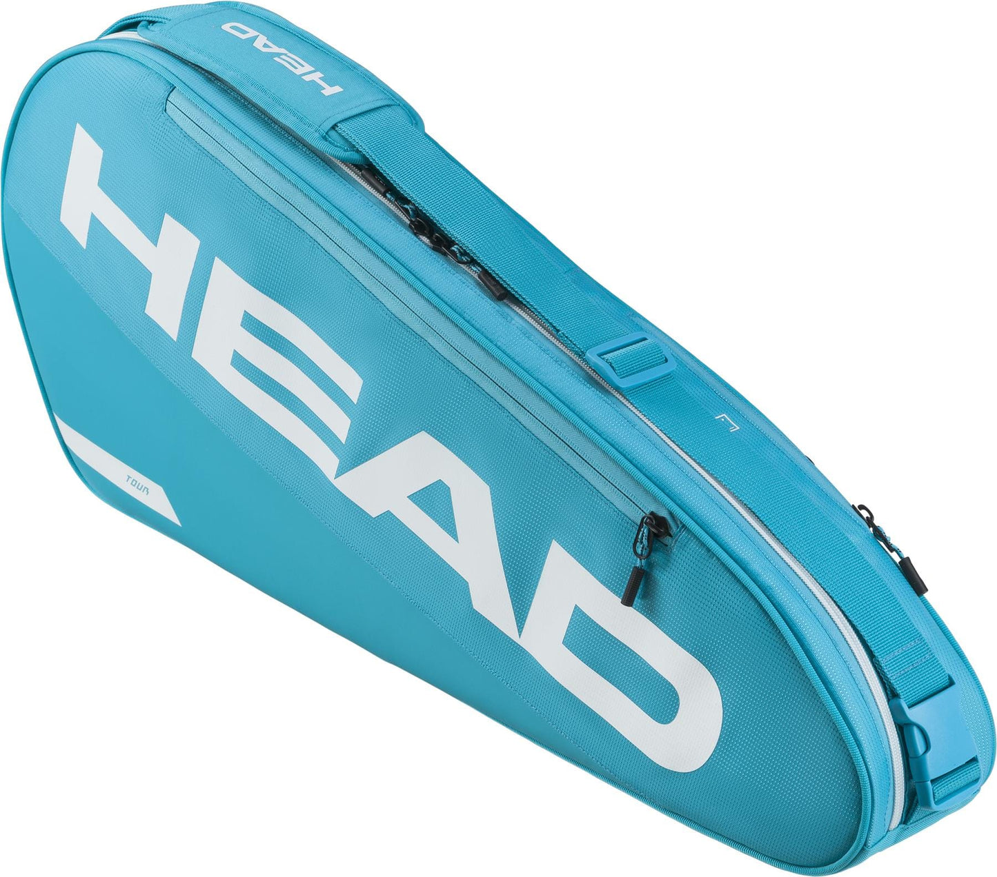 The HEAD Tour 3 Racket Tennis Bag S - Blue is a compact bag with a zippered compartment, carrying handle, and bold white "HEAD" logo, designed to hold tennis racquets and gear.