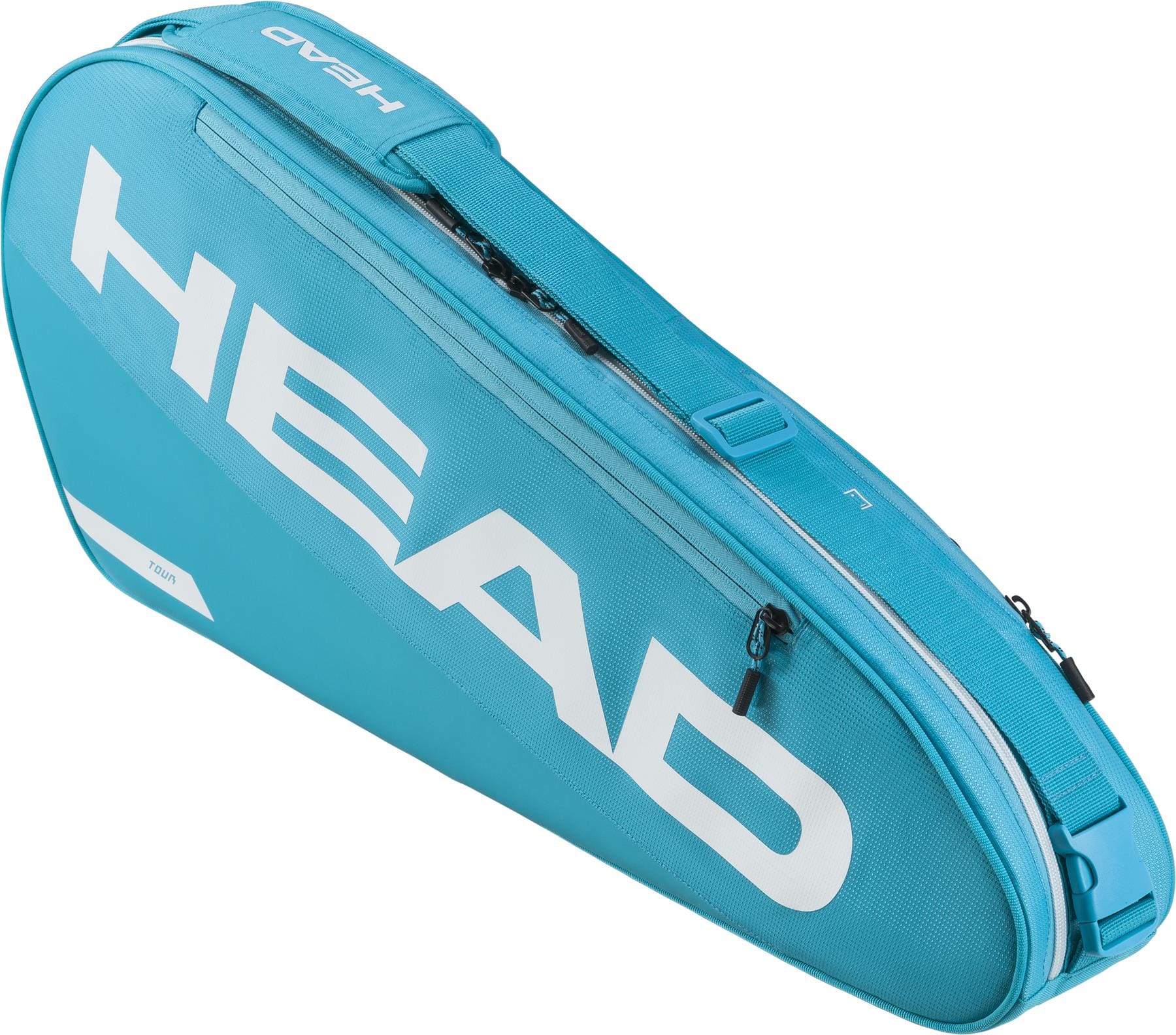 The HEAD Tour 3 Racket Tennis Bag S - Blue is a compact bag with a zippered compartment, carrying handle, and bold white "HEAD" logo, designed to hold tennis racquets and gear.
